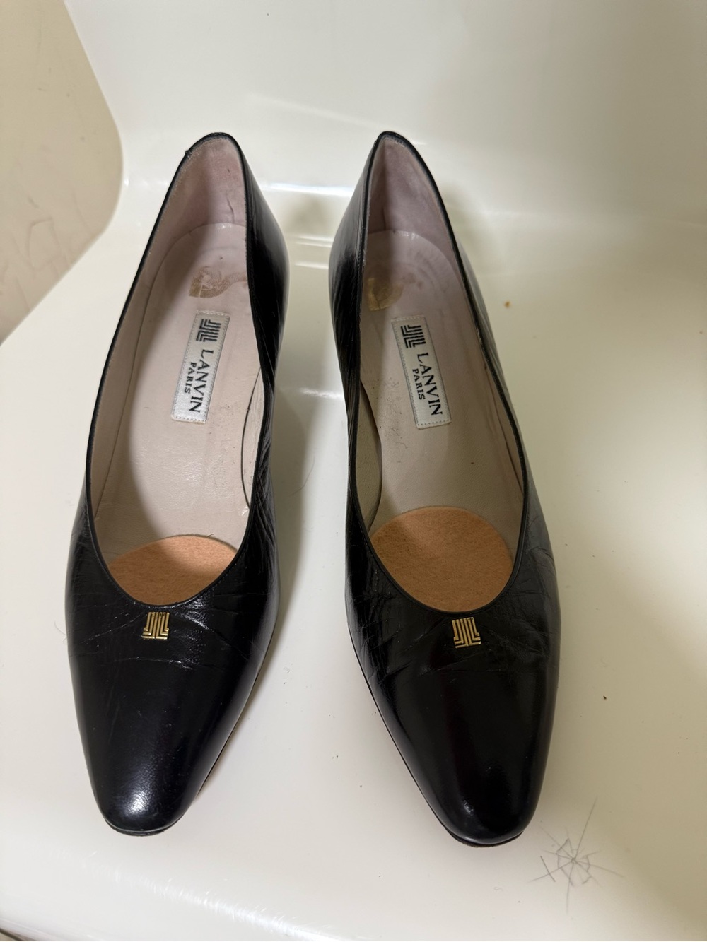 Lanvin Black Leather Pointed Toe Pumps with Gold Logo